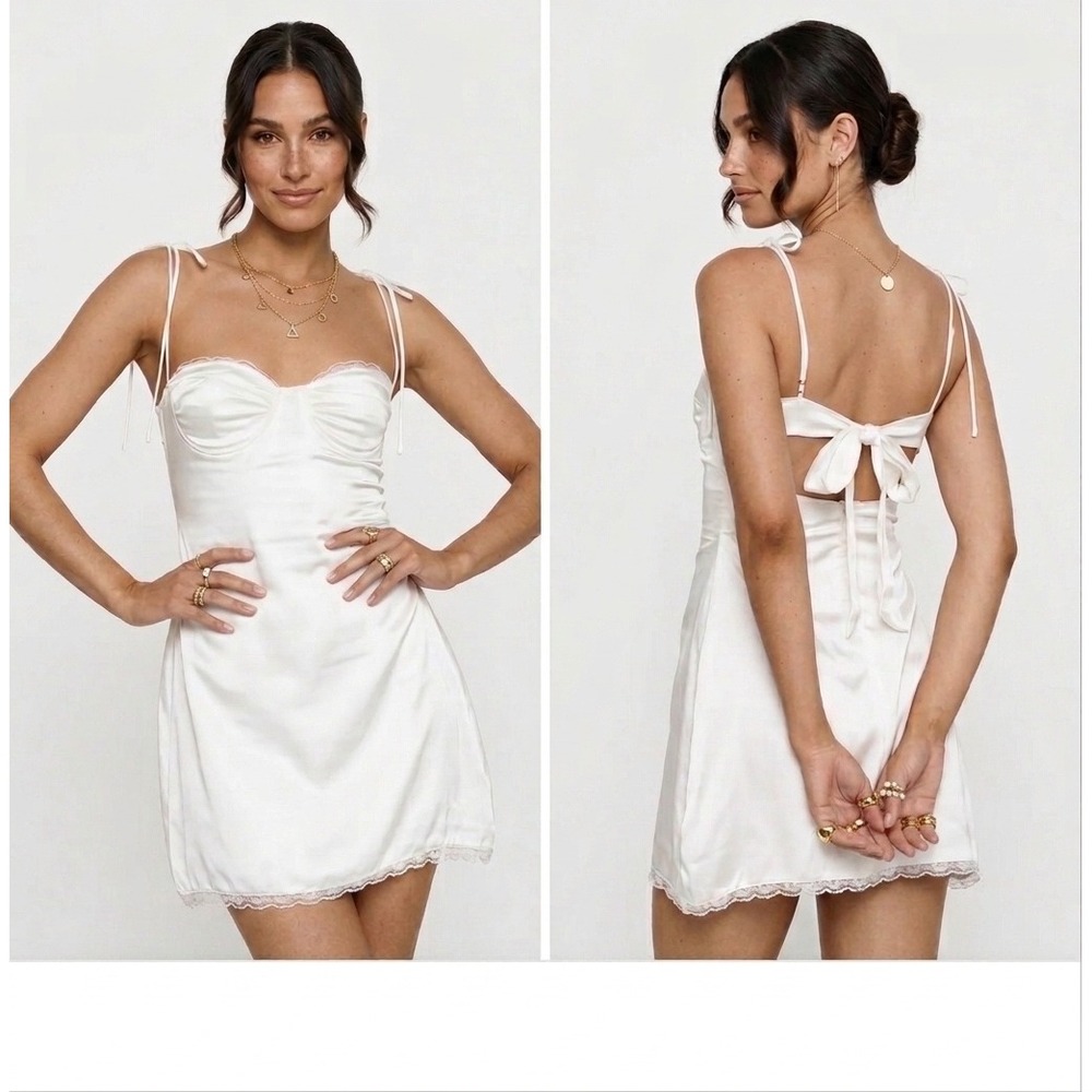 Princess Polly White Satin Corset Mini Dress Lace Trim Tie Back US 12